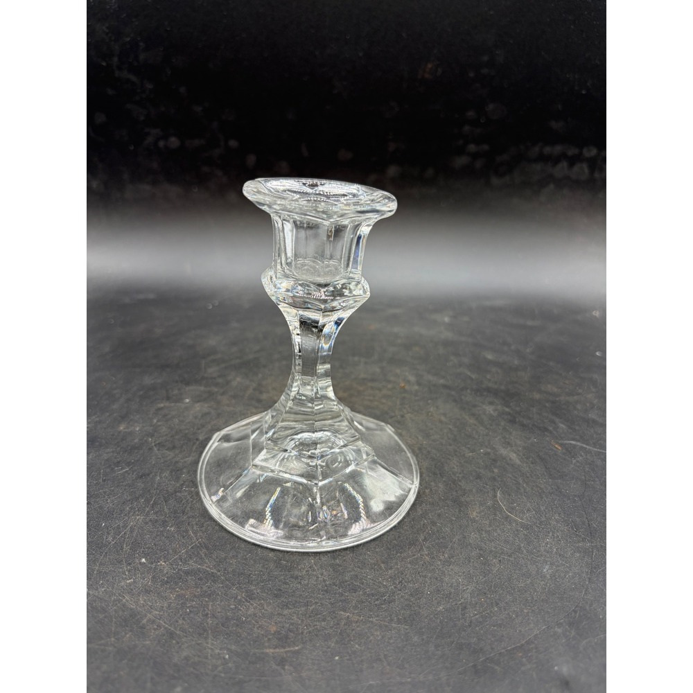 Vintage Clear Pressed Glass Taper Candlestick Holder Hexagonal Base 4.5 Inch
